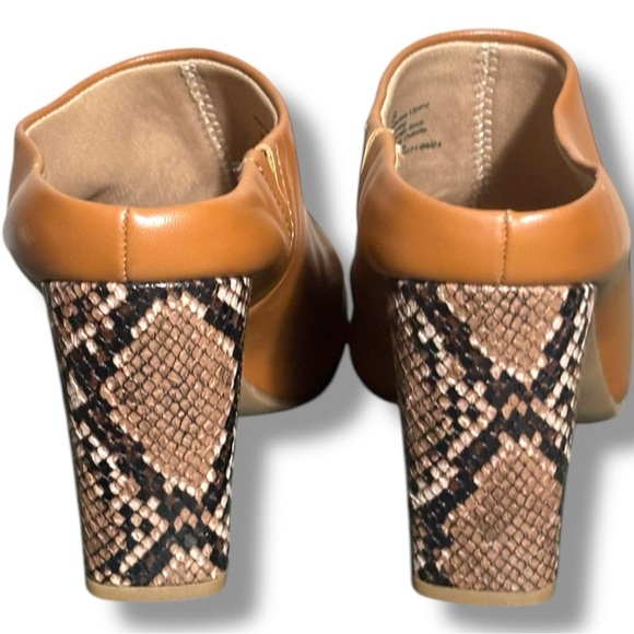 a new day Backless Brown High Heel Slip On Leather Mules with Snakeskin Heel - Picture 5 of 6
